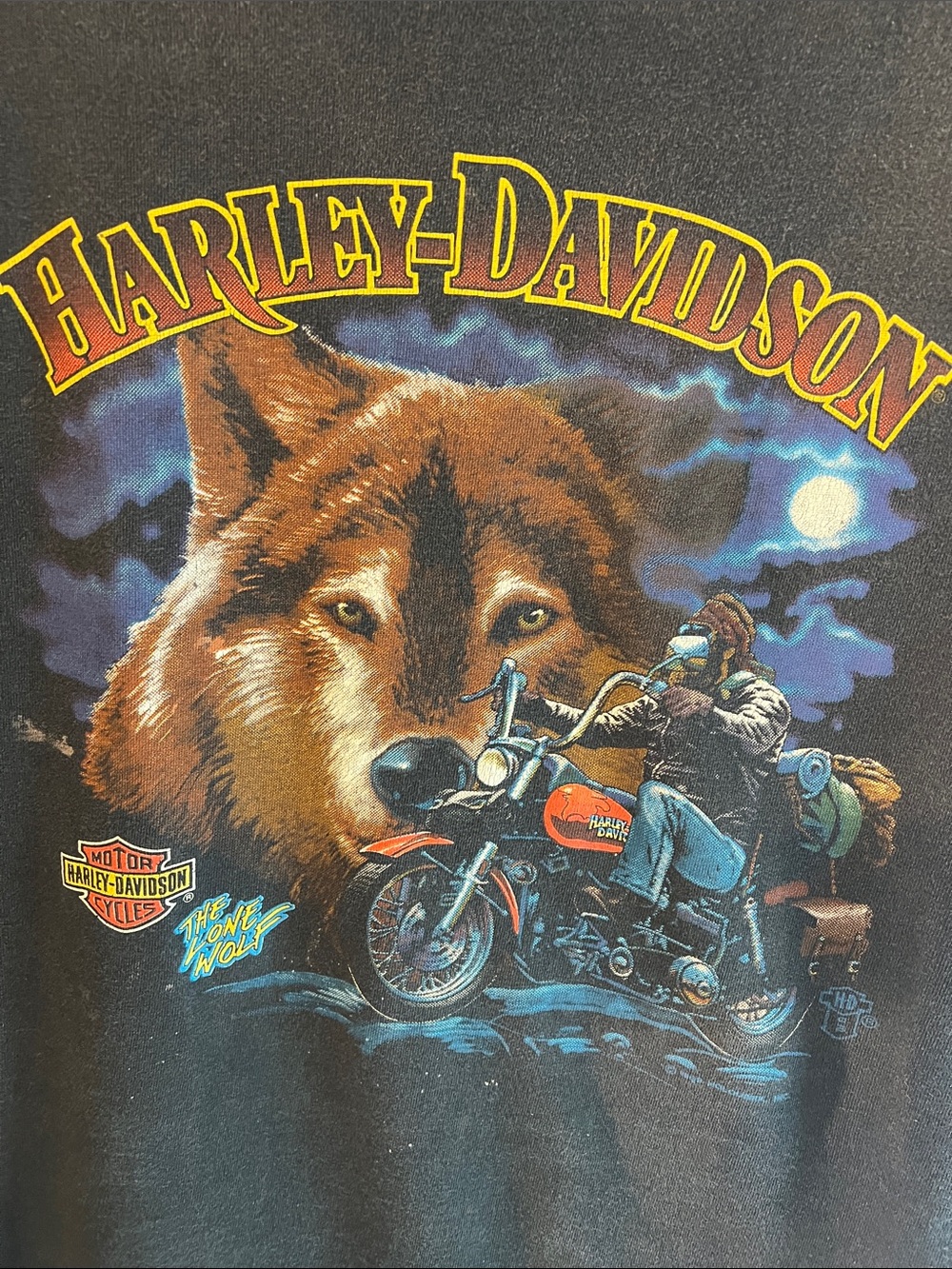 VINTAGE 1989 HARLEY DAVIDSON THE LONE WOLF SINGLE STITCH BLACK TEE SIZE XL